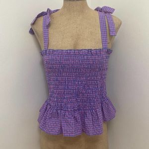 Forever21 Purple Gingham Smocked Strap Tie Top